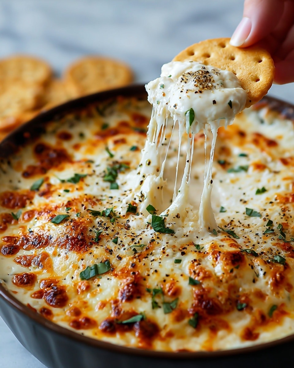 The image shows a white round ceramic dish filled with a golden-brown cheesy baked dish that has a bubbly melted cheese top layer with browned spots. The cheese layer is sprinkled with fresh green herb leaves and black pepper, adding contrast to the creamy cheese. A woman's hand is pulling out a piece, stretching the gooey, stringy cheese from the dish, showing the soft and melted inside layer beneath the browned crust. The background is softly blurred with a white marbled texture underneath, giving a clean and fresh look. photo taken with an iphone --ar 4:5 --v 7