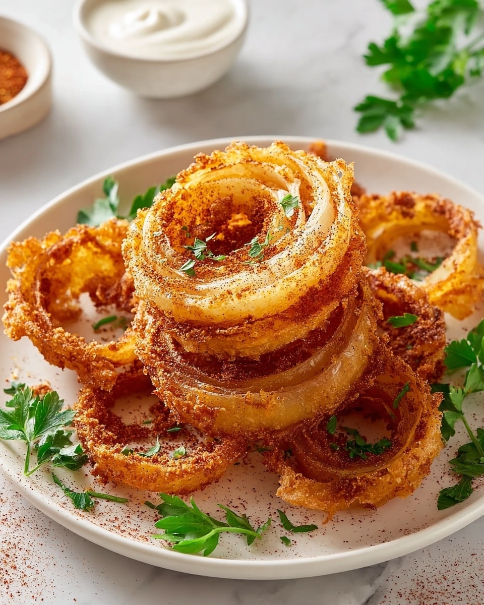 A white plate filled with several golden brown onion rings that are crispy and have a rough, crunchy texture, arranged in a slightly overlapping pile. Each onion ring layer shows different shades of orange and brown from frying, with some areas appearing more golden and others slightly darker. Small green parsley leaves are scattered on and around the onion rings for garnish. To the side of the onion rings is a small white bowl containing a white creamy dipping sauce lightly sprinkled with reddish seasoning. In the background, there are fresh green herbs and a whole onion on a white marbled surface, adding natural colors to the scene. photo taken with an iphone --ar 4:5 --v 7
