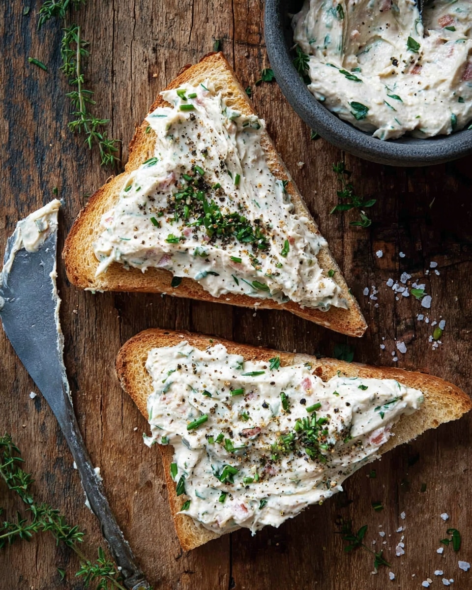 Two triangular toasted bread slices are placed slightly apart on a rustic wooden surface, each slice generously covered with a creamy white spread mixed with visible green herbs and small red specks. The spread looks thick with an uneven, fluffy texture, and is sprinkled with crushed black pepper and finely chopped green herbs on top. Near the toasts is a dark bowl partly filled with the same creamy spread, and a metal knife with remnants of the spread lies to the left side. Small green herb sprigs and coarse salt grains are scattered around, adding natural accents to the scene. Photo taken with an iphone --ar 4:5 --v 7