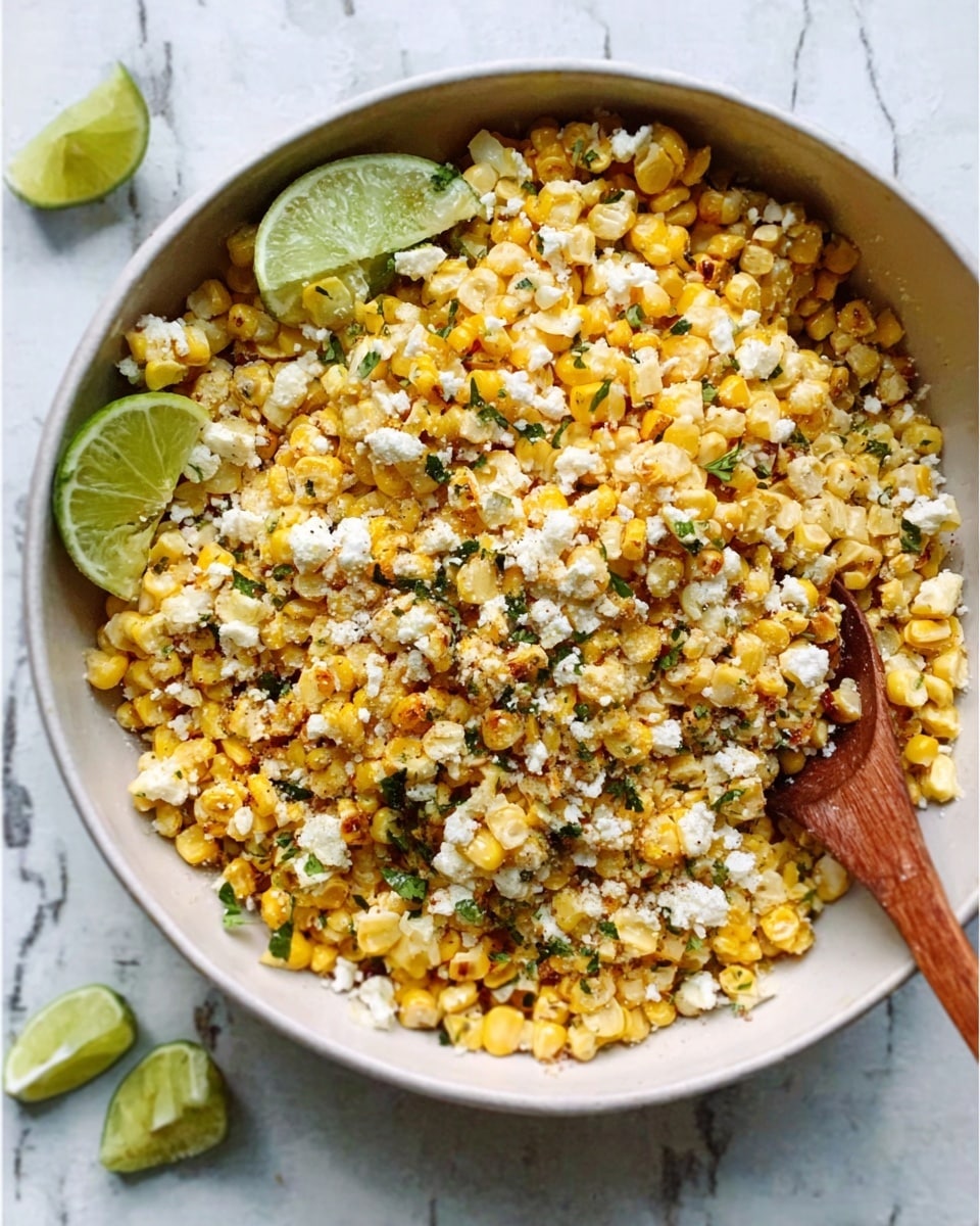 A white bowl filled with a layer of golden-yellow roasted corn kernels mixed with white crumbly cheese and small green herb pieces scattered throughout. Lime wedges are placed on top and the side, adding a fresh green color contrast. A wooden spoon is resting inside the bowl. The bowl sits on a surface with a white marbled texture. Photo taken with an iphone --ar 4:5 --v 7