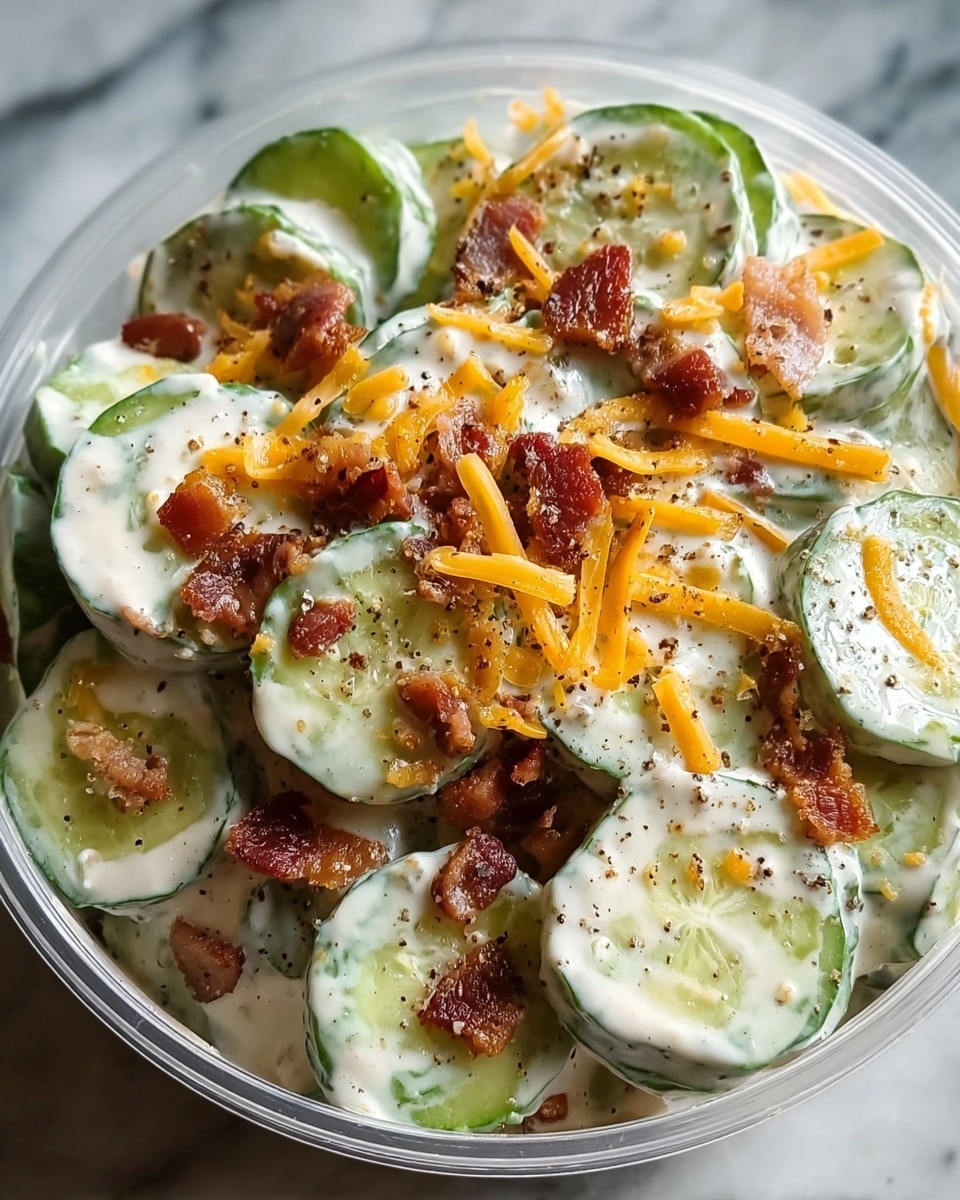 The dish shows a creamy cucumber salad in a clear container on a white marbled surface. The base layer is made of round, green cucumber slices with a smooth, shiny texture. These slices are coated in a thick, white, creamy dressing that covers most surfaces. Scattered on top are small pieces of crispy brown bacon and thin strands of orange shredded cheddar cheese, adding contrast in color and texture. Black pepper flakes are sprinkled lightly over the dish, adding tiny dark specks throughout photo taken with an iphone --ar 4:5 --v 7