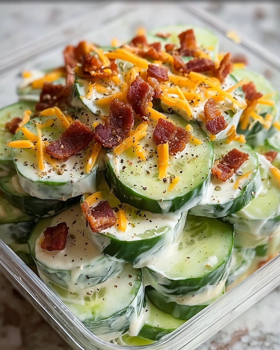 This image shows a close-up of thick cucumber slices layered in a clear container, each slice coated with a white creamy dressing. On top of the cucumber and dressing are small pieces of crispy brown bacon and scattered shredded orange cheddar cheese. There is a light sprinkle of black pepper over the whole dish which adds specks of dark contrast. The cucumbers are fresh with a bright green outer skin and pale green inner flesh visible through the dressing. The creamy texture clings softly to each piece, creating a rich, moist look. The container sits on a white marbled textured surface. photo taken with an iphone --ar 4:5 --v 7