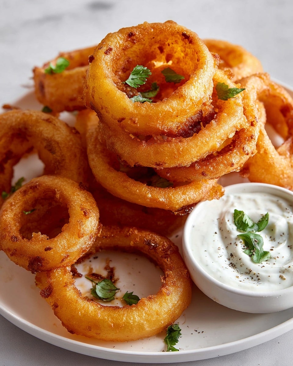 The image shows a white plate filled with golden brown onion rings stacked in layers, each ring crispy with a slightly rough texture and a few darker roasted spots, scattered with small green herb leaves on top. To the side of the pile is a small white bowl with creamy white dipping sauce, garnished with a piece of green herb and tiny black pepper specks. The plate is placed on a white marbled surface, creating a simple and clean background. photo taken with an iphone --ar 4:5 --v 7