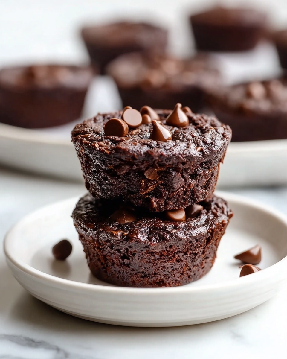 The image shows a stack of two dark brown chocolate brownie bites with a slightly rough and crackly texture, each topped with a few small, smooth chocolate chips. These brownie bites sit on a white plate with a subtle ridged edge detail. Around the stacked brownies, there are several more brownie bites blurred softly in the background, all having a rich, dense look with visible chocolate chips embedded on top. The plate is placed on a white marbled surface that adds a clean and bright contrast to the deep brown color of the brownies. Photo taken with an iphone --ar 4:5 --v 7