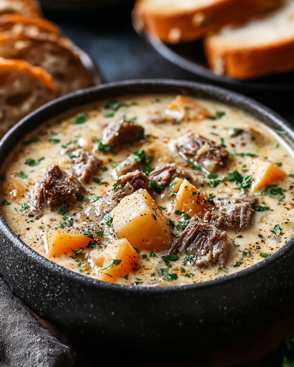 A close-up image of a bowl filled with creamy, chunky stew showing visible pieces of shredded brown meat and small chunks of orange and white potatoes mixed in a thick creamy beige broth sprinkled with finely chopped green herbs and black pepper. The bowl is dark and round, sitting on a dark surface with blurred plates of sliced bread in the background. The overall setting is cozy and inviting. photo taken with an iphone --ar 4:5 --v 7