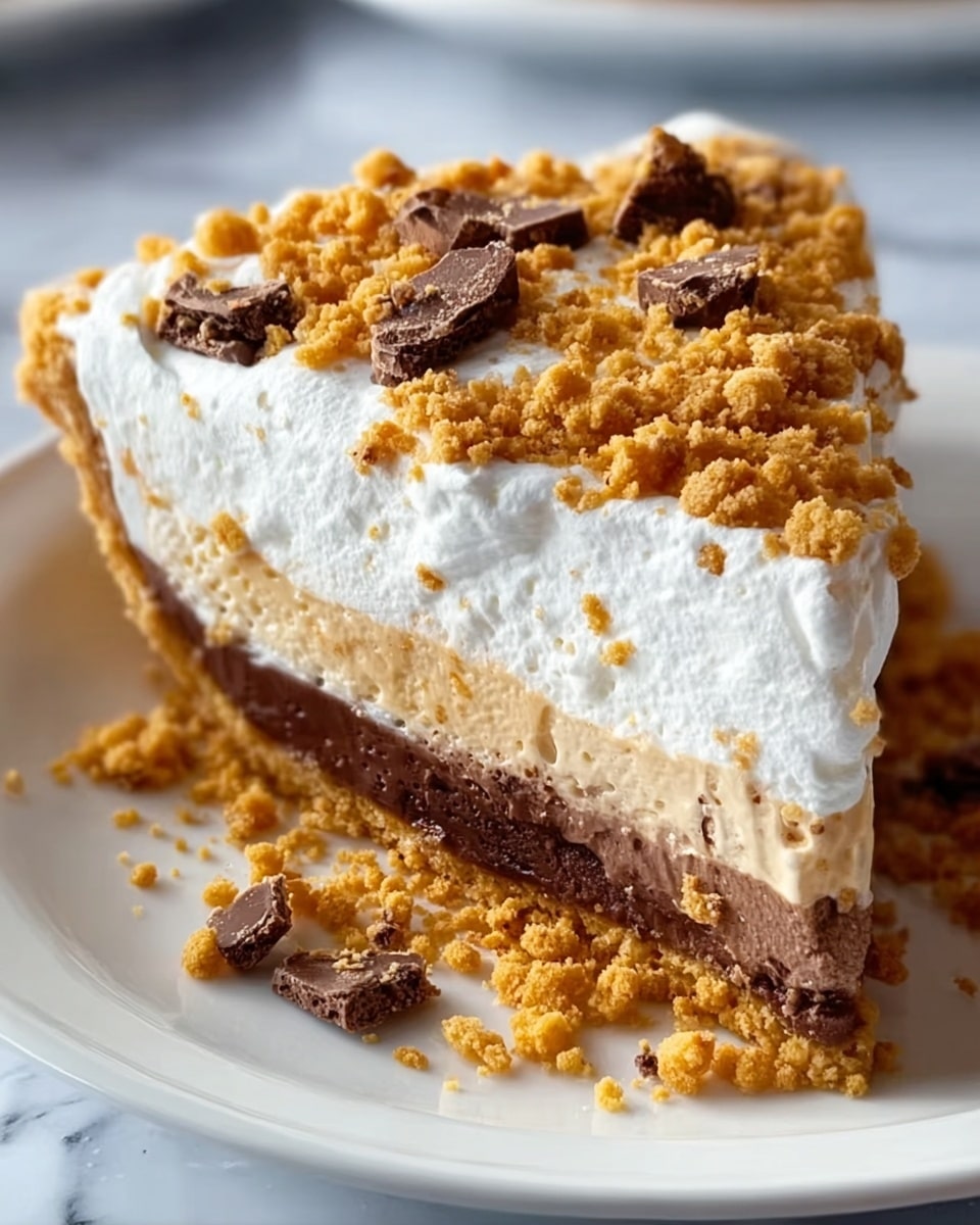 A close-up of one slice of a layered pie on a white plate, showing four main layers from bottom to top: a thick golden brown crumbly crust, a thin dark chocolate layer, a lighter creamy beige layer, and a thick, fluffy white whipped topping. The top is decorated with a crumbly crushed cookie mix in golden brown and pieces of chocolate. Some crumbs and small chocolate bits are scattered around the plate, all resting on a white marbled surface. photo taken with an iphone --ar 4:5 --v 7