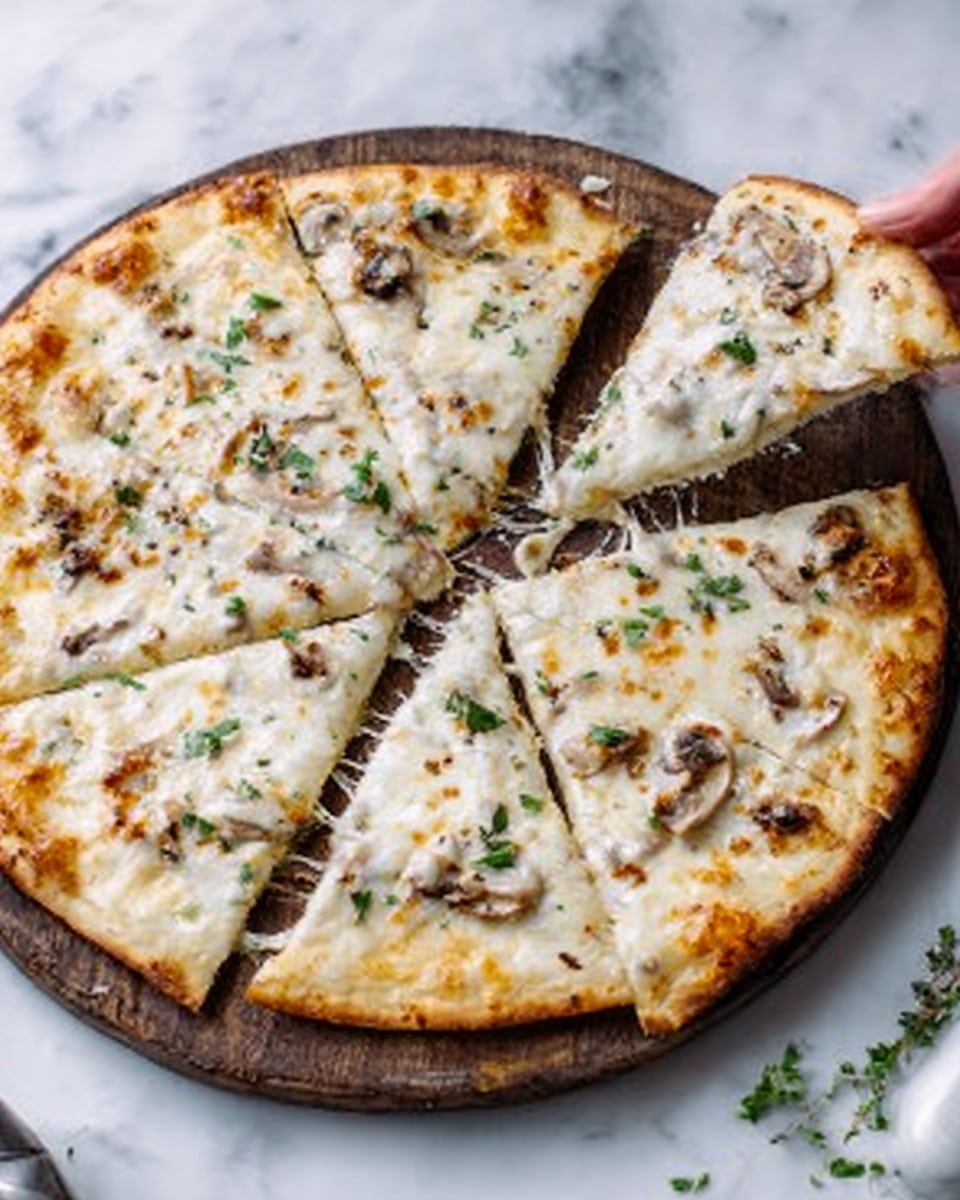 A white round pizza is placed on a round wooden board on a white marbled surface. The pizza has six visible slices with a thin, golden-brown crust. It is topped with melted white cheese covering the whole surface, small browned spots from baking, and bits of light brown mushrooms scattered evenly. Some green herbs are sprinkled on the pizza for color. There is a pizza cutter with a white handle near the board and a woman's hand about to pick one of the slices. Photo taken with an iphone --ar 4:5 --v 7