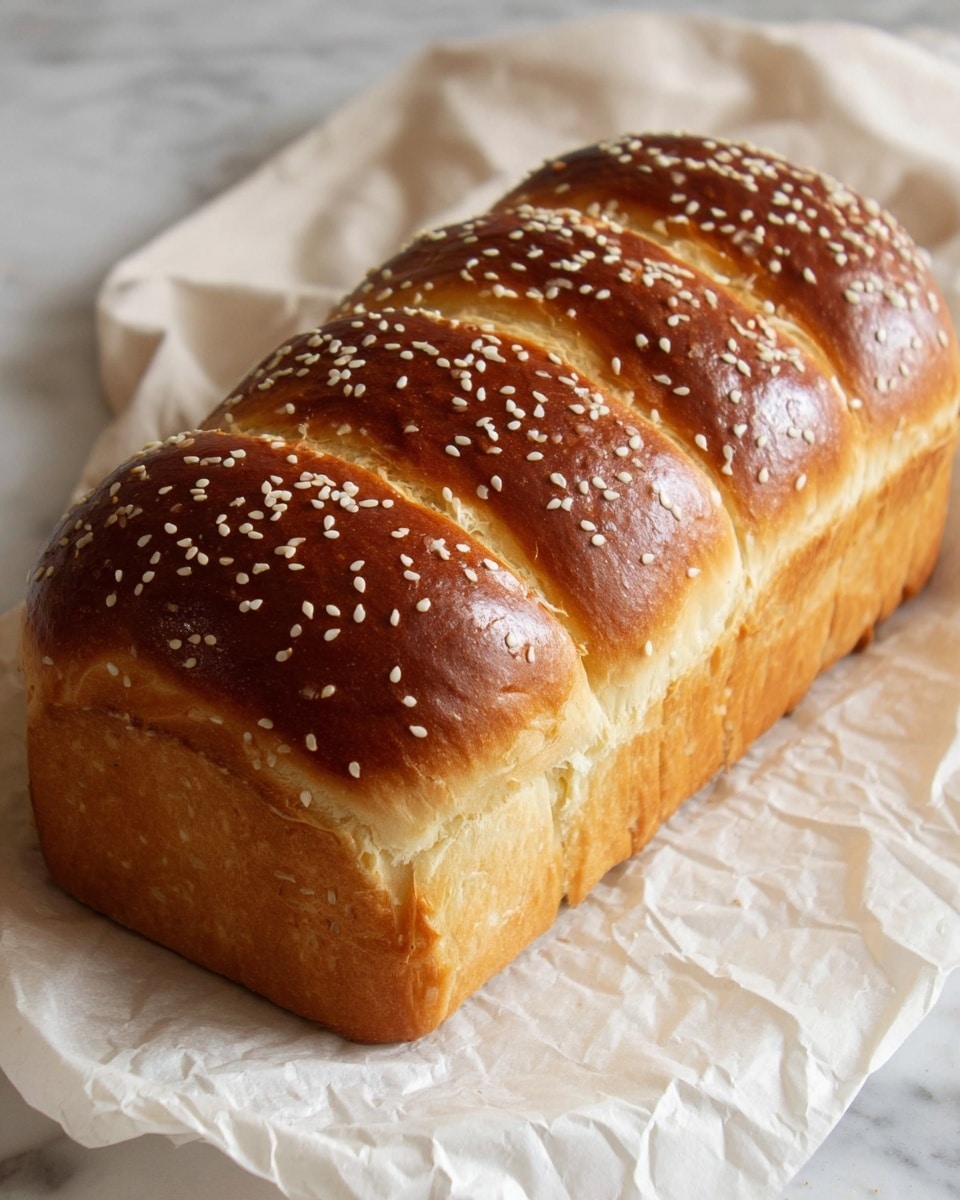 A loaf of bread with a shiny, golden-brown crust sprinkled with white sesame seeds is shown on crumpled white parchment paper. The loaf has eight visible thick slices that are pulled slightly apart, showing a soft and fluffy texture inside. The bread's top surface is smooth with a rich brown color that fades into a lighter golden shade on the sides. The background features a white marbled texture with a light beige cloth partially visible behind the bread. photo taken with an iphone --ar 4:5 --v 7