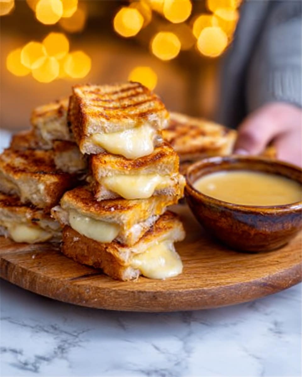 The image shows a stack of golden grilled cheese sandwiches cut into rectangles with melted cheese oozing out slightly. The sandwiches have grill marks on the top, giving a textured look. They are placed on a wooden serving board. Behind the stack, there is a small brown ceramic bowl filled with a creamy yellow dipping sauce. The background has a soft focus with warm lights creating a cozy feel. The woman's hand is holding the edge of the wooden board. The surface beneath is white marbled texture. Photo taken with an iphone --ar 4:5 --v 7