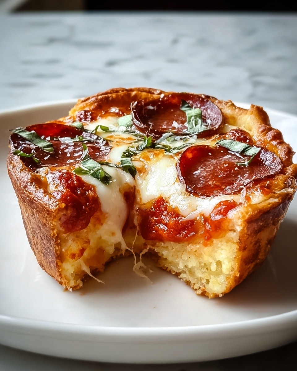 Three mini pizza cups are on a white plate with a white marbled background. Each cup has a golden brown baked dough base shaped like a muffin, with melted, slightly browned mozzarella cheese layering the top and sides. On the top of each cup sits a single round, reddish-orange pepperoni slice, slightly curled up at the edges with bits of black herbs sprinkled over the cheese. The texture shows crispy, browned edges with gooey melted cheese in the center, giving a warm, freshly baked look photo taken with an iphone --ar 4:5 --v 7