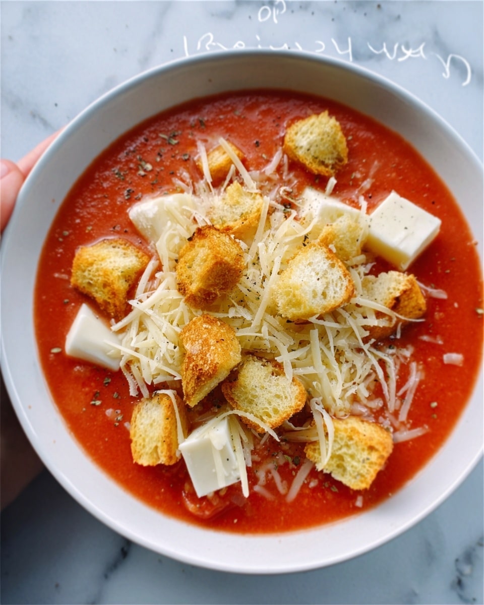 The image shows a white bowl filled with tomato soup that has a smooth red surface. On top of the soup, there are golden-brown croutons scattered unevenly, along with small white cubes of cheese and a sprinkle of shredded pale yellow cheese. The bowl sits on a white marbled surface, with some chalk writing faintly visible around it. A woman's hand is partly holding the bowl on the left side. photo taken with an iphone --ar 4:5 --v 7