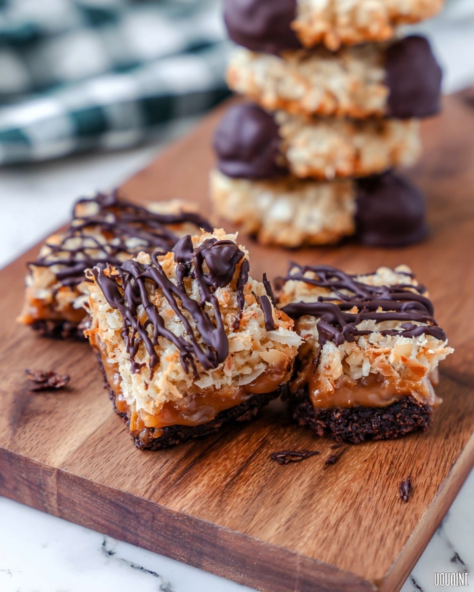 The image shows a batch of rectangular bars arranged neatly on a white marbled surface. Each bar has two visible layers: a dark brown base and a thick golden-brown top layer made of toasted oats and shredded coconut, giving it a crunchy texture. The top layer is drizzled with diagonal lines of smooth, dark chocolate. The bars look sticky with a glossy syrup coating some edges and the surface around them. photo taken with an iphone --ar 4:5 --v 7