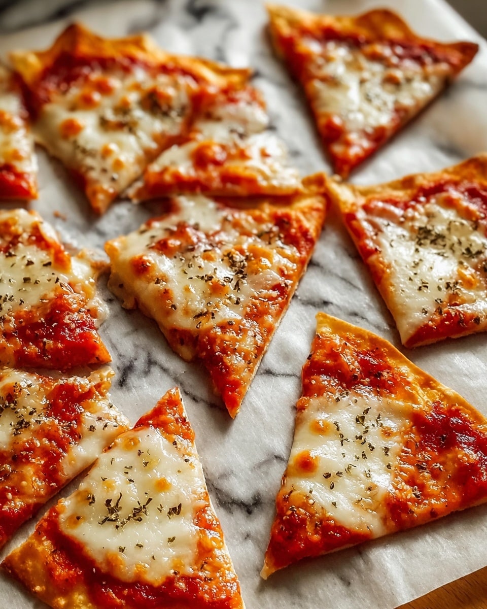 The image shows several small, square-shaped pizza slices on a baking tray lined with parchment paper. Each slice has a thin, golden-brown crust with a slightly crispy texture visible at the edges. The first layer is a bright red tomato sauce, topped with a melted layer of creamy white cheese that has lightly browned spots. There are small dark specks of seasoning scattered across the cheese, adding texture and contrast. The pizza slices are arranged in a loose grid, close to each other but not touching. The scene is set on a white marbled surface. photo taken with an iphone --ar 4:5 --v 7