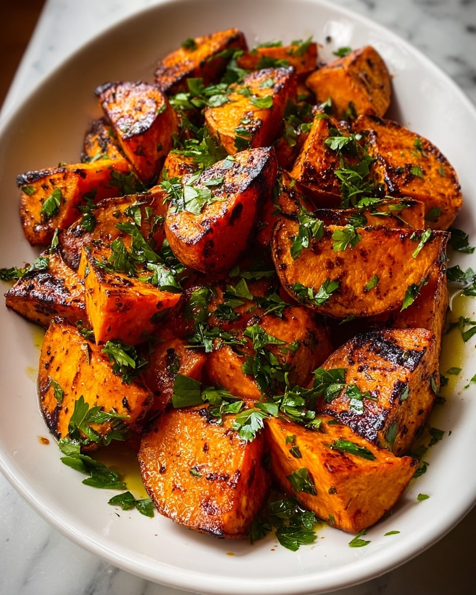 The image shows a white bowl filled with roasted sweet potato chunks, each piece browned and slightly crispy on the edges from grilling or roasting. The sweet potatoes have a rich orange color with dark grill marks and are coated in a shiny oil or glaze, giving them a moist look. Bright green pieces of chopped fresh parsley are sprinkled liberally over the potatoes, adding a fresh contrast in color. The bowl is sitting on a white marbled surface, and the roasted sweet potatoes are arranged casually, filling the bowl with some oil pooling underneath. photo taken with an iphone --ar 4:5 --v 7