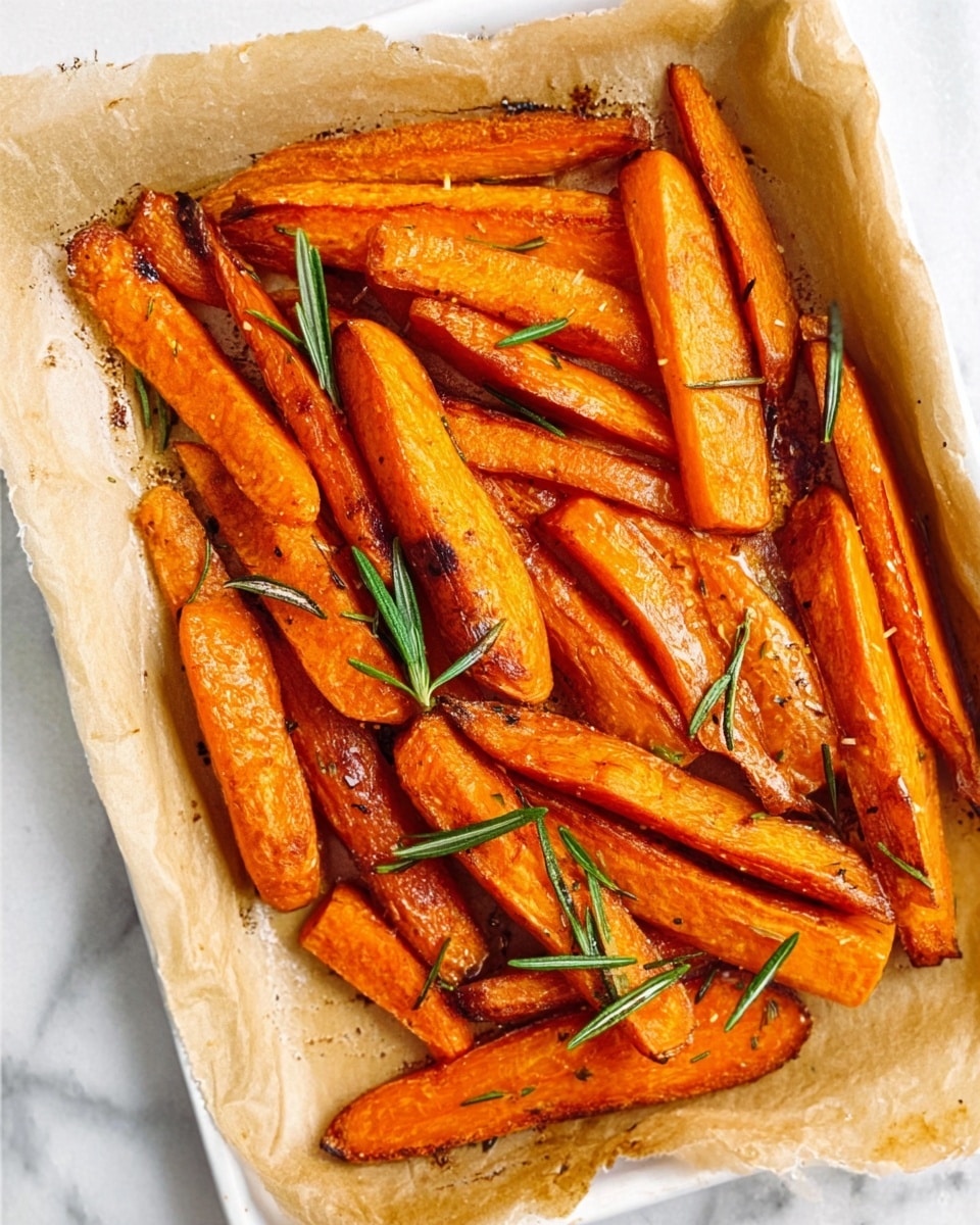 The image shows a white tray lined with brown parchment paper holding roasted carrot sticks. The carrots are cut into thick, uneven pieces with slightly charred edges and a deep orange color. Small green rosemary sprigs are scattered on top, adding a fresh touch. The carrots have a shiny, slightly oily surface, showing they are well roasted and seasoned. The background is a white marbled texture. Photo taken with an iphone --ar 4:5 --v 7