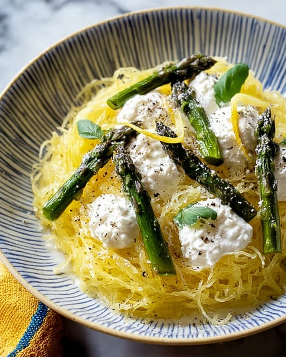 The image shows a white oval dish with blue floral patterns around the edges, filled with a pasta dish made of creamy spaghetti squash strands mixed with roasted green asparagus pieces, scattered with toasted pine nuts on top. The asparagus is cut into short sections and has a light char, adding texture and color contrast to the creamy off-white pasta. The pine nuts are light golden brown, giving a crunchy look. The dish sits on a white marbled surface, making the green asparagus and pine nuts stand out clearly. photo taken with an iphone --ar 4:5 --v 7
