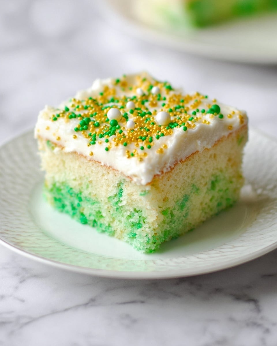 A single square dessert bar placed in the center of a white plate with a subtle floral embossed pattern. The bar has a creamy white base covered with colorful curved sprinkles in yellow, green, and a small amount of orange, giving it a fun and festive look. The white plate rests on a white marbled surface. To the left of the plate, there is a small green shamrock decoration, bright and shiny, adding a touch of celebration to the scene. photo taken with an iphone --ar 4:5 --v 7