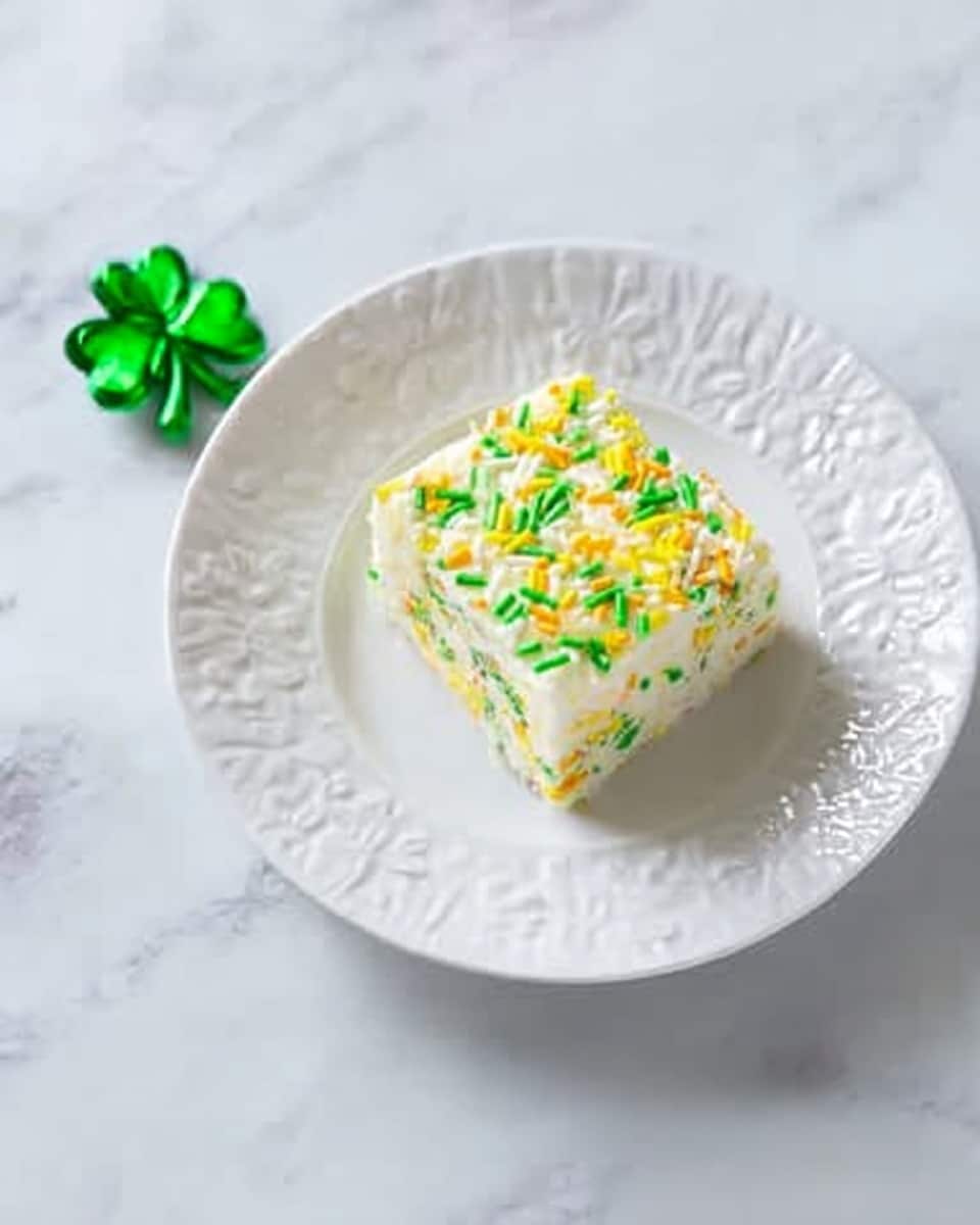 A square piece of cake sits on a white plate with a subtle pattern, placed on a white marbled surface. The cake has two main layers: the bottom is a green sponge layer with a soft, moist texture, and the top layer is a light, creamy white frosting thickly spread across the surface. Sprinkles in yellow and green colors, along with small edible pearls, are scattered evenly on top of the frosting, adding texture and color contrast. The cake looks fluffy and moist with a gentle crumb. Photo taken with an iphone --ar 4:5 --v 7