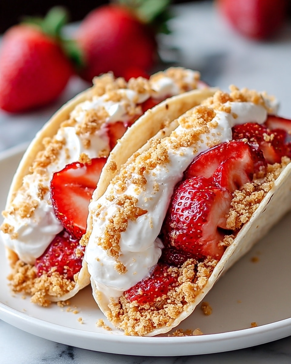 The image shows two dessert tacos on a white plate placed on a white marbled surface. Each taco shell is light beige, soft, and folded open. Inside, there is a layer of golden crumbly streusel at the bottom, topped by fresh, vibrant red strawberry halves with visible seeds. On top of the strawberries, there is a thick layer of white creamy whipped filling, generously applied and slightly spilling out. The tacos are finished with more golden streusel sprinkled over the whipped cream, adding texture and a crumbly look. In the blurry background, a few whole strawberries can be seen. photo taken with an iphone --ar 4:5 --v 7