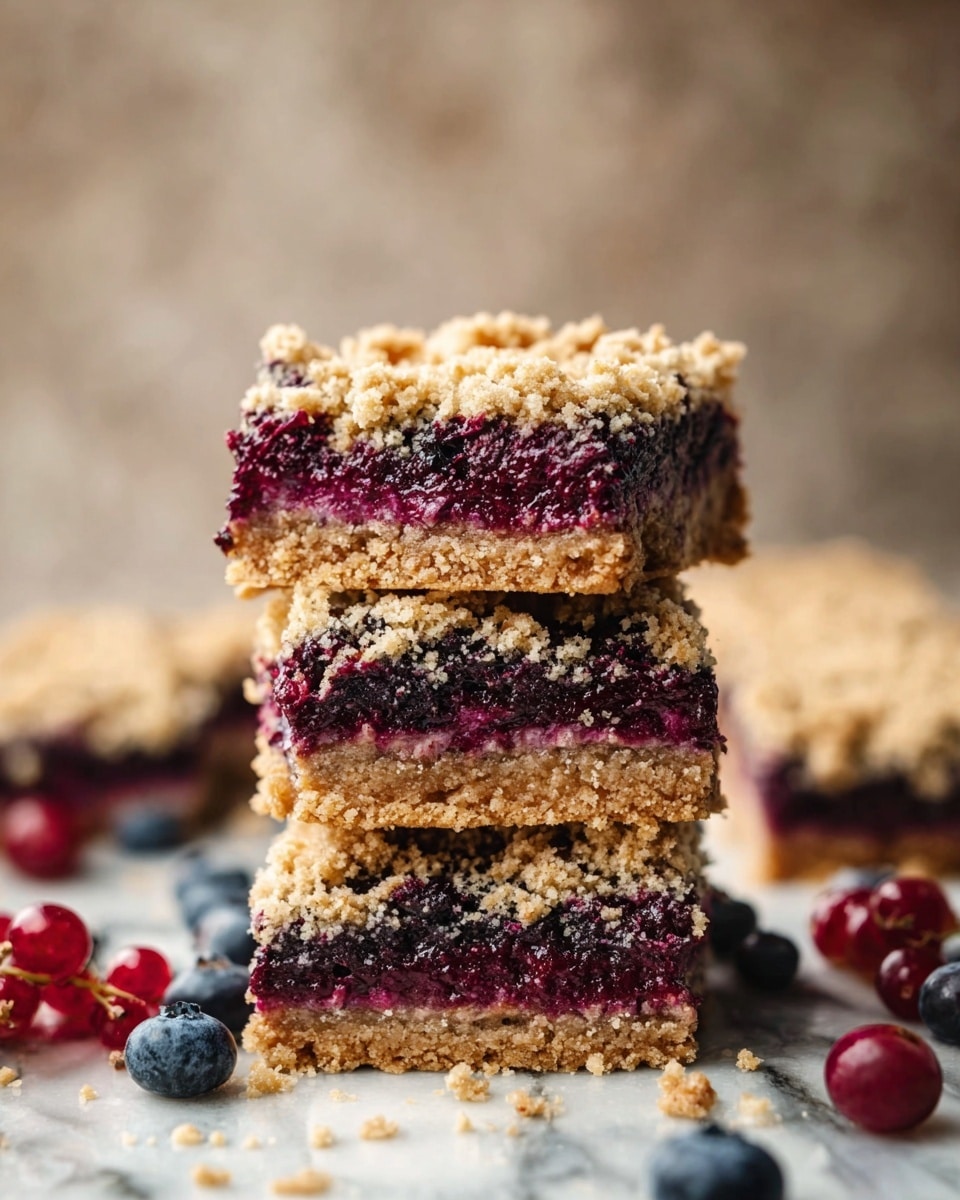 This image shows a tall stack of four layered berry crumb bars on a white marbled surface. The bottom layer is a golden brown crumb crust that looks firm and crunchy. Above it is a thick, deep purple berry filling with bits of fruit visible, giving a juicy texture. Another layer of crumb crust, golden and crumbly like the first, separates the berry filling from a final top layer of coarse, light brown streusel crumbs that look crisp and textured. Fresh blueberries and cranberries are scattered around the base of the stack, adding bright blue and red pops of color. The background is softly blurred in neutral tones. Photo taken with an iphone --ar 4:5 --v 7