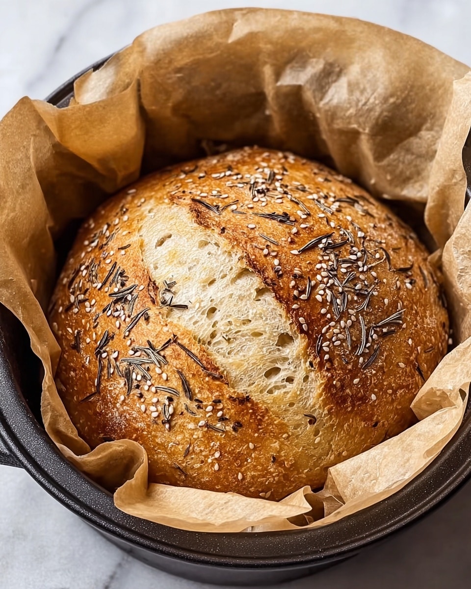 A round loaf of bread with a golden brown crust sits inside a black round baking pan lined with crumpled light brown parchment paper. The bread's surface is textured with small sesame seeds and scattered dark rosemary leaves, showing a rustic, crusty finish. The loaf has a natural split on top revealing a soft, pale beige interior with airy pockets. The pan is placed on a white marbled surface. photo taken with an iphone --ar 4:5 --v 7