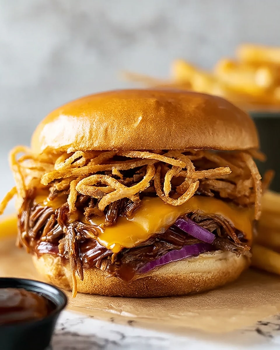 A close-up view of a burger with a soft, golden brown bun on top. Under the bun, there is a layer of crispy, thin fried onion strings in light golden color. Below the onion strings, melted cheddar cheese in a bright orange shade covers shredded, juicy beef that looks tender and browned. Beneath the beef, there are slices of cooked red onion adding a hint of purple color. Another layer of cheddar cheese is placed on the bottom bun, which is also golden brown and soft. The burger sits on parchment paper with some blurred fries and a dark sauce cup in the foreground, all resting on a white marbled texture. photo taken with an iphone --ar 4:5 --v 7