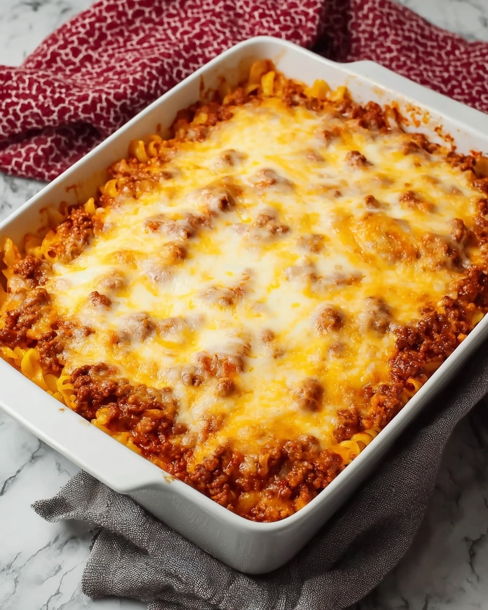 A white rectangular baking dish filled with baked pasta casserole showing two main layers: a bottom layer of cooked pasta mixed with a rich red meat sauce and ground meat, textured with small bits of browned meat and red sauce, and a top layer of melted cheese that is golden brown and bubbly with small browned spots evenly across the surface. The edges show the pasta poking through slightly beneath the cheese. The dish rests on a soft gray cloth on a white marbled surface. Photo taken with an iphone --ar 4:5 --v 7