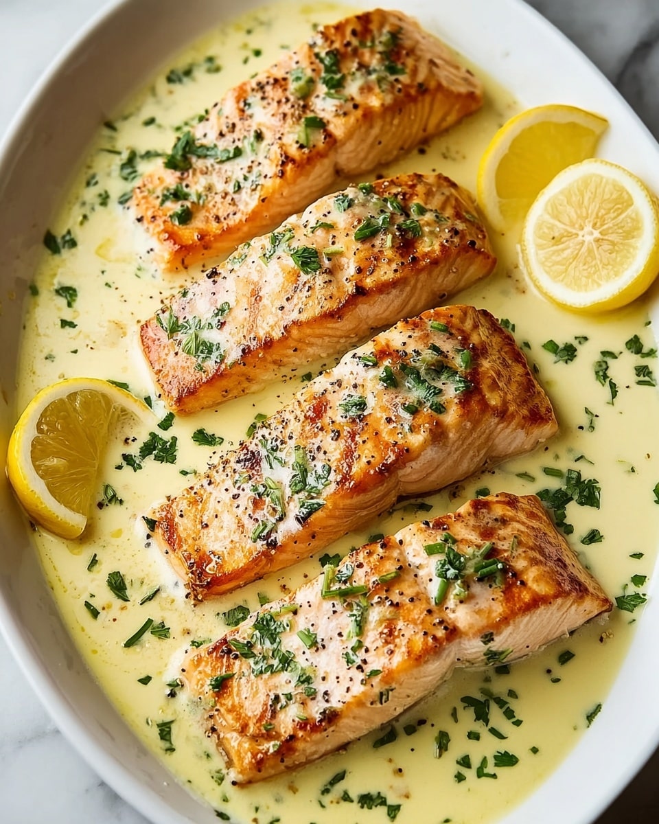 A white dish holds four grilled salmon fillets arranged side by side, each having a golden-brown seared surface with visible grill marks and flecks of black pepper. A creamy light-yellow lemon sauce covers the bottom of the dish and partially coats the fillets, sprinkled with chopped green herbs. On the top right corner of the dish, there are two lemon wedges placed on the sauce for garnish. The dish rests on a white marbled surface. Photo taken with an iphone --ar 4:5 --v 7