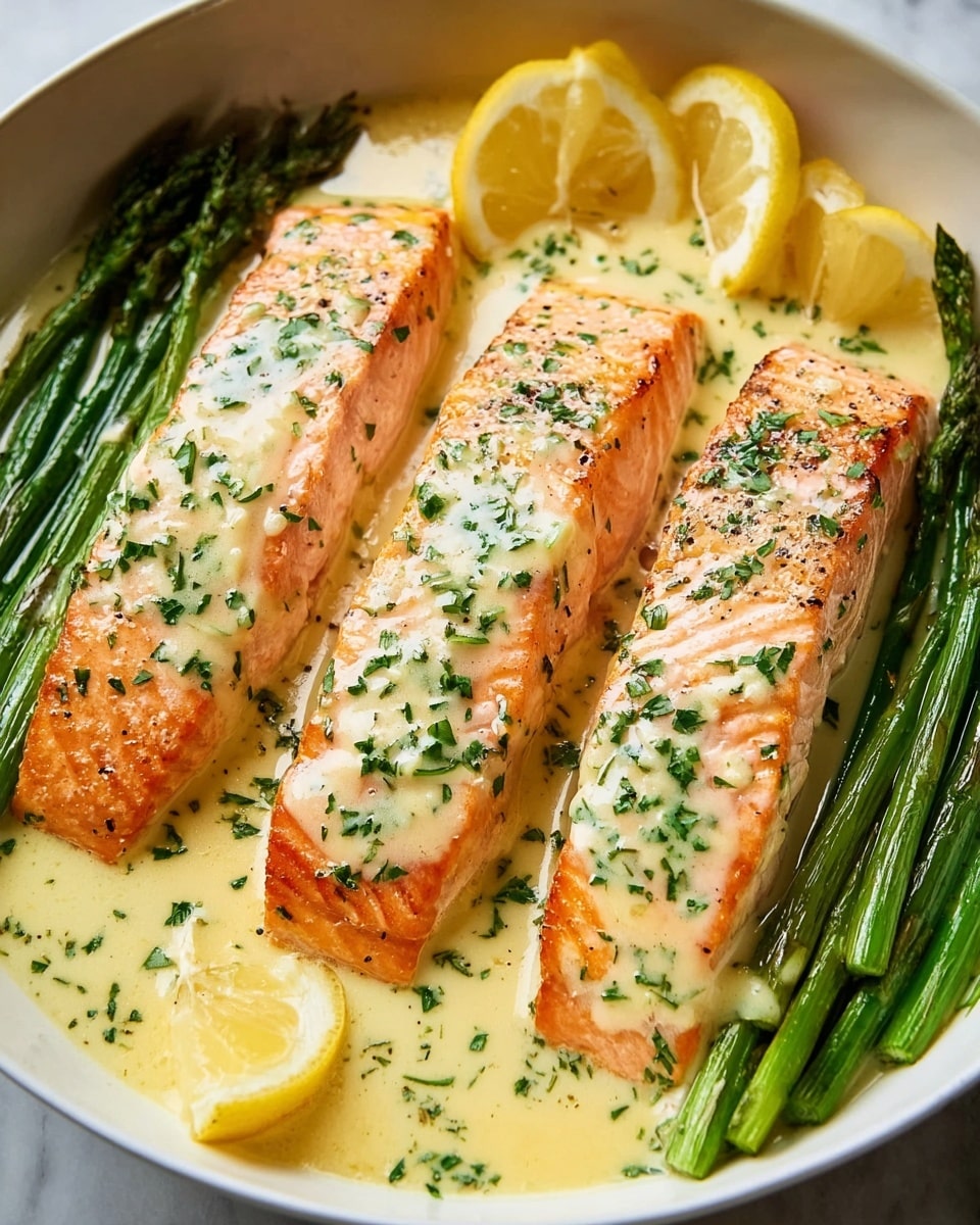 Three pieces of cooked salmon fillets with a light orange-pink color and a slightly crispy texture on top are placed side by side in a shallow white bowl. Each piece is covered with a pale yellow creamy sauce sprinkled with finely chopped green herbs. Around the salmon, there are bright green asparagus spears and several lemon wedges with yellow skin and juicy interiors. The bowl sits on a white marbled textured surface. photo taken with an iphone --ar 4:5 --v 7