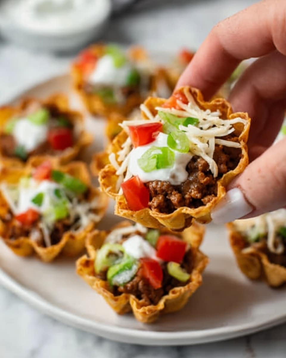 A close-up image shows a woman's hand holding a small taco cup made of a crispy, golden shell shaped like a flower. Inside the shell, there is a layer of brown ground beef topped with shredded white cheese, a dollop of white sour cream, and small pieces of red tomato and green onion scattered on top. Several similar taco cups are placed on a white plate below, all on a white marbled surface. Photo taken with an iphone --ar 4:5 --v 7