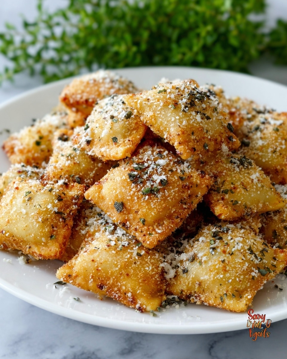 A white plate is filled with several small, square ravioli pieces that have a golden-brown crispy texture. Each ravioli is coated with a layer of finely grated white cheese and sprinkled with small bits of dried green herbs. In the background, blurred green herbs add a fresh touch, while the white marbled surface underneath the plate brightens the scene. The overall look is crunchy and savory with a mix of golden and white colors. Photo taken with an iphone --ar 4:5 --v 7