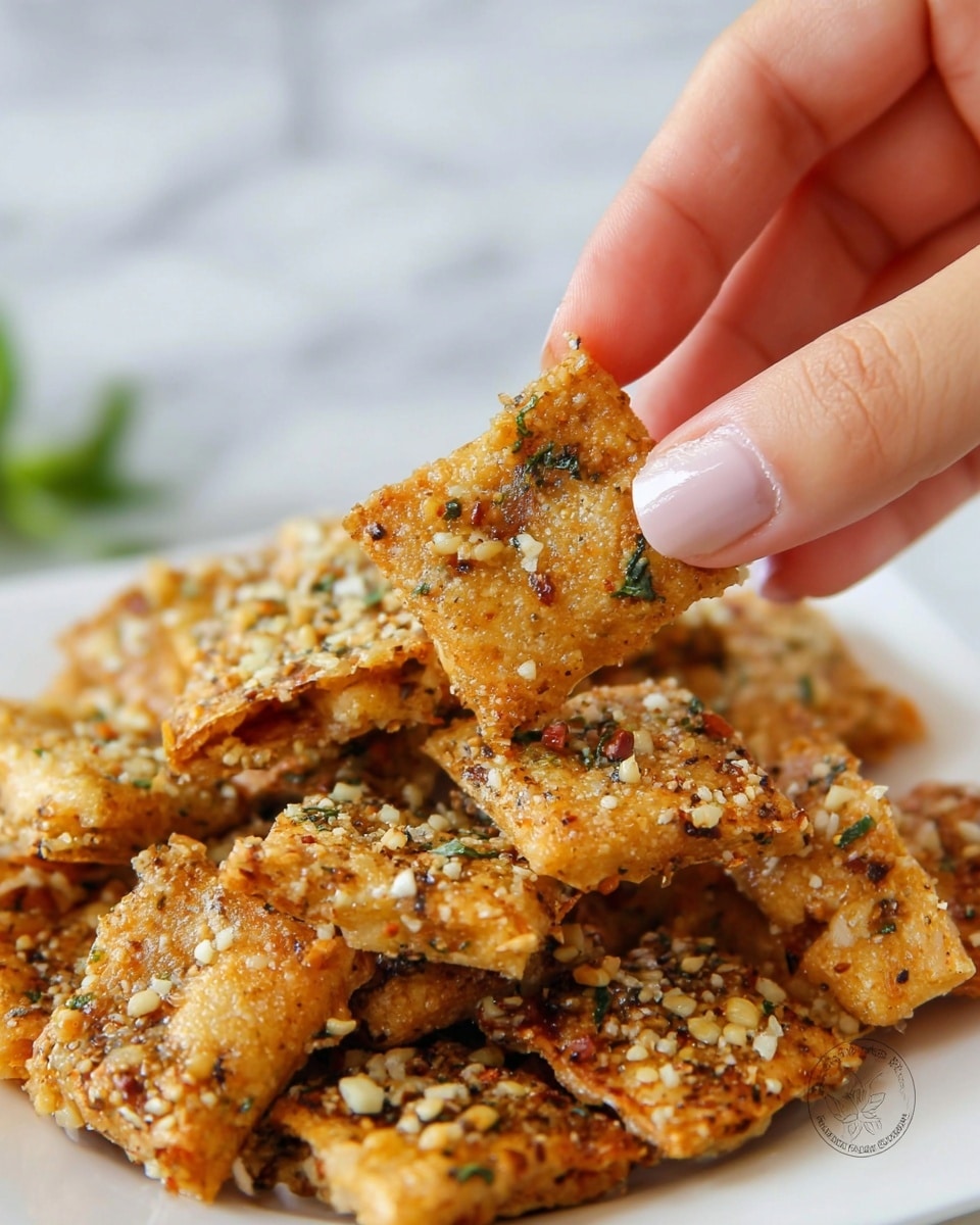 A close-up image shows a woman's hand holding a small, golden-brown, square-shaped crispy snack covered with bits of white garlic and green herbs. Below, a white plate is filled with many more of these crispy squares, also coated with the same garlic and herb mixture, creating a textured and crunchy look. The background features a white marbled surface that adds a clean and bright atmosphere to the scene. photo taken with an iphone --ar 4:5 --v 7