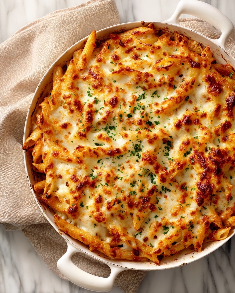 A close-up of a baked pasta dish in a white pan with a handle set on a beige cloth over a white marbled surface, showing one main layer of golden-brown penne pasta covered with melted melted cheese that is slightly browned in spots, garnished with small green herb bits scattered on top. photo taken with an iphone --ar 4:5 --v 7