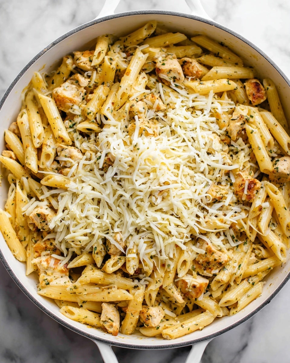 A white skillet filled with cooked penne pasta mixed with pieces of chicken, showing a light brown color with visible herbs and spices throughout. The top layer is a generous amount of finely shredded white cheese evenly spread over the pasta and chicken. The skillet sits on a white marbled surface, and the pasta looks creamy and seasoned, with the cheese ready to melt into the dish. photo taken with an iphone --ar 4:5 --v 7
