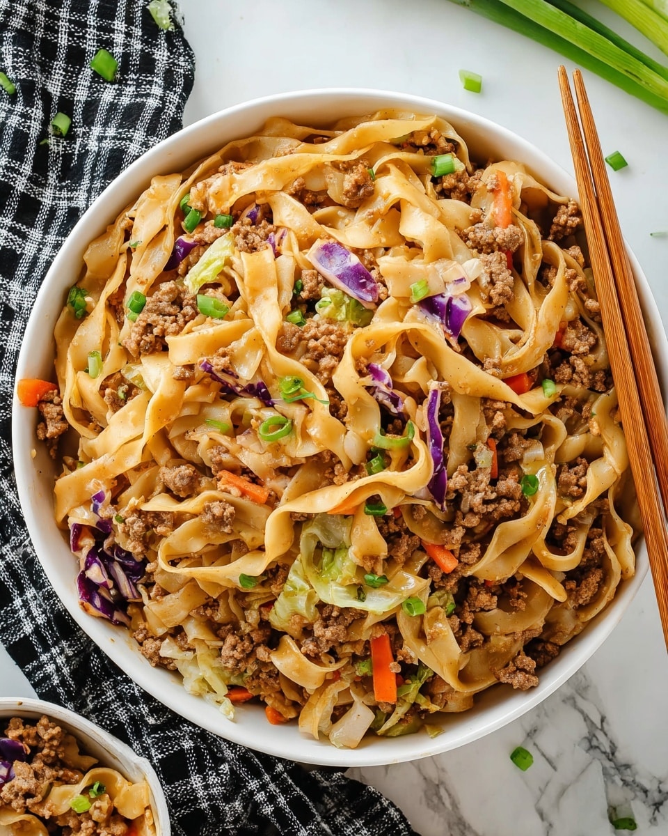 A white bowl filled with a layered stir-fry dish featuring wide, flat, light brown noodles mixed with ground meat scattered all over. There are soft pieces of white and purple cabbage and small orange carrot bits layered throughout. Bright green chopped spring onions are sprinkled on top, adding spots of fresh color. The texture is a mix of chewy noodles, tender meat, and crisp vegetables. Two wooden chopsticks rest inside the bowl on the upper right side. The bowl sits on a black and white checkered cloth on a white marbled surface with some scattered green onions around. photo taken with an iphone --ar 4:5 --v 7