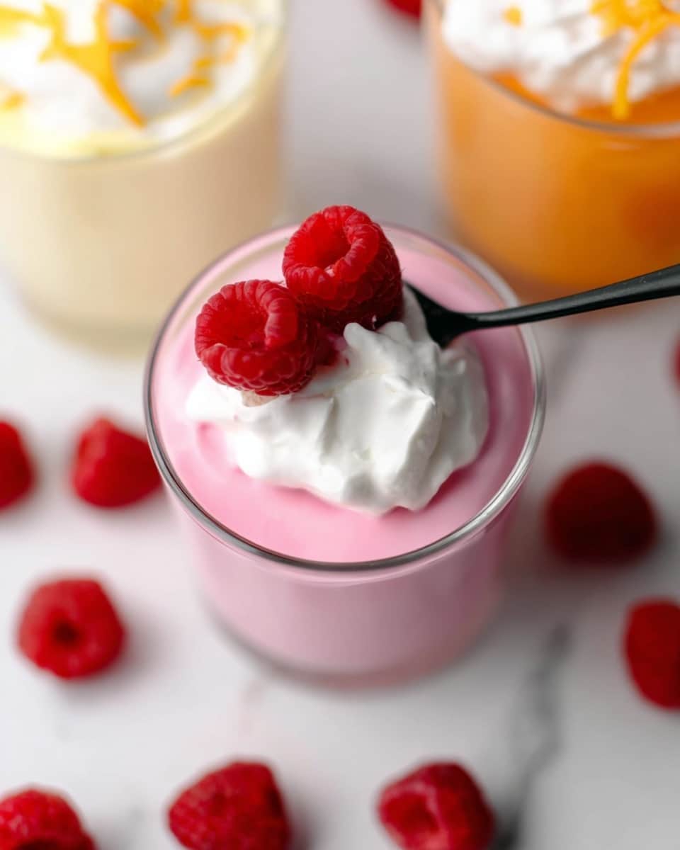 A clear glass shows three layers: at the bottom is a smooth pink cream, above it is a dollop of white whipped cream, and on top sit three fresh red raspberries. A black spoon is dipped into the pink cream layer. The glass is placed on a white marbled surface with scattered raspberries around it. Nearby, two other glasses partially appear, with one holding a pale yellow mixture and the other a light orange mixture topped with white cream and orange zest. photo taken with an iphone --ar 4:5 --v 7