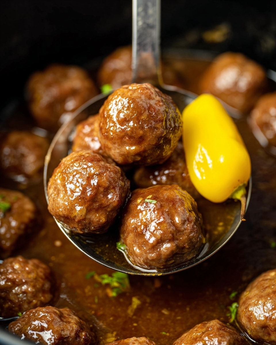 The image shows a black slow cooker filled with many browned meatballs covered in a shiny, thin sauce. Scattered between the meatballs are several whole bright yellow-green peppers, some with smooth skin and others wrinkled. The meatballs are round, textured with a slightly crispy outside, and they sit closely together inside the cooker. The sauce pools at the bottom, adding a glossy look to the round shapes. The cooker rim frames the food with a dark, smooth surface. The background has a white marbled texture. photo taken with an iphone --ar 4:5 --v 7