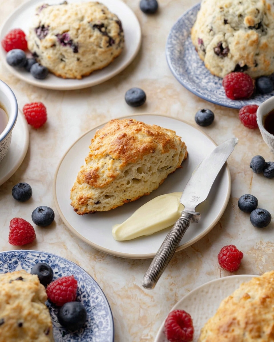 A soft golden-brown scone sits on a small white plate in the front, textured with a rough, crumbly surface. A butter knife resting on the plate holds some creamy white butter. Around the main scone, several other scones with a mix of plain and blueberry-speckled varieties are placed on small white plates, some accompanied by fresh blueberries and bright red raspberries. One scone has a blue and white patterned plate beneath it, adding a slight contrast. The scene is set on a white marbled texture with scattered fresh berries adding color. photo taken with an iphone --ar 4:5 --v 7