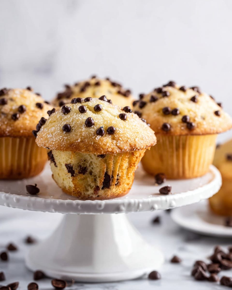 A white cake stand holds four golden brown muffins topped with many small dark chocolate chips that create a bumpy texture on the light sugar-coated tops. One muffin in the front is slightly larger, showing a soft, crumbly side with chocolate chips inside. In the background, there is a white marbled surface with scattered chocolate chips and parts of other muffins out of focus. The image is bright with soft natural light, focusing mainly on the front muffins. photo taken with an iphone --ar 4:5 --v 7