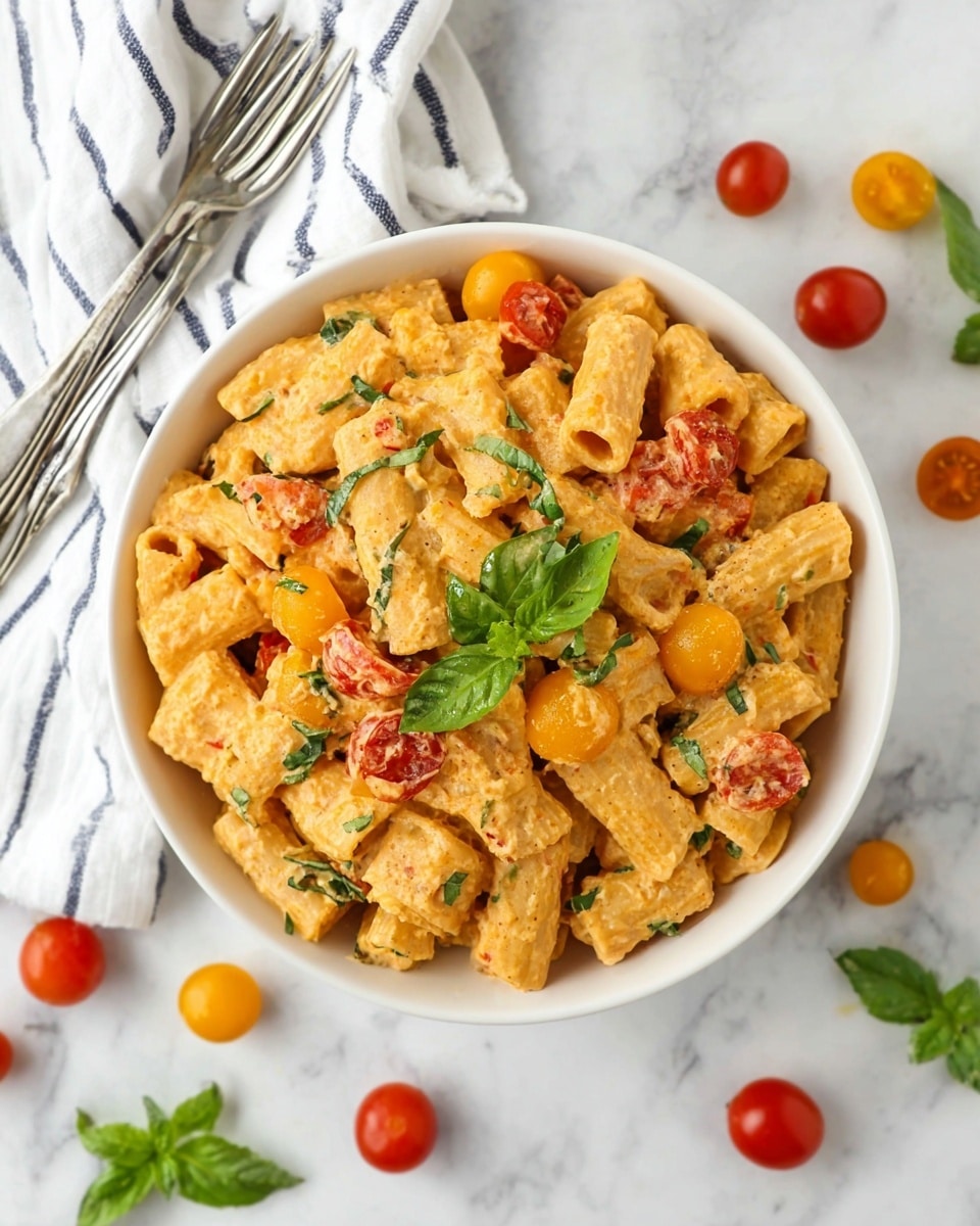 A bowl of creamy pasta made with rigatoni noodles covered in a light orange sauce mixed with small pieces of red and yellow cherry tomatoes and green basil leaves. The pasta has a thick, smooth texture, and the tomatoes add pops of bright color throughout. A few whole fresh basil leaves are placed on top. The bowl is white, placed on a white marbled surface with some scattered cherry tomatoes and basil leaves around it, next to a white and navy striped cloth with two silver forks partially visible. photo taken with an iphone --ar 4:5 --v 7