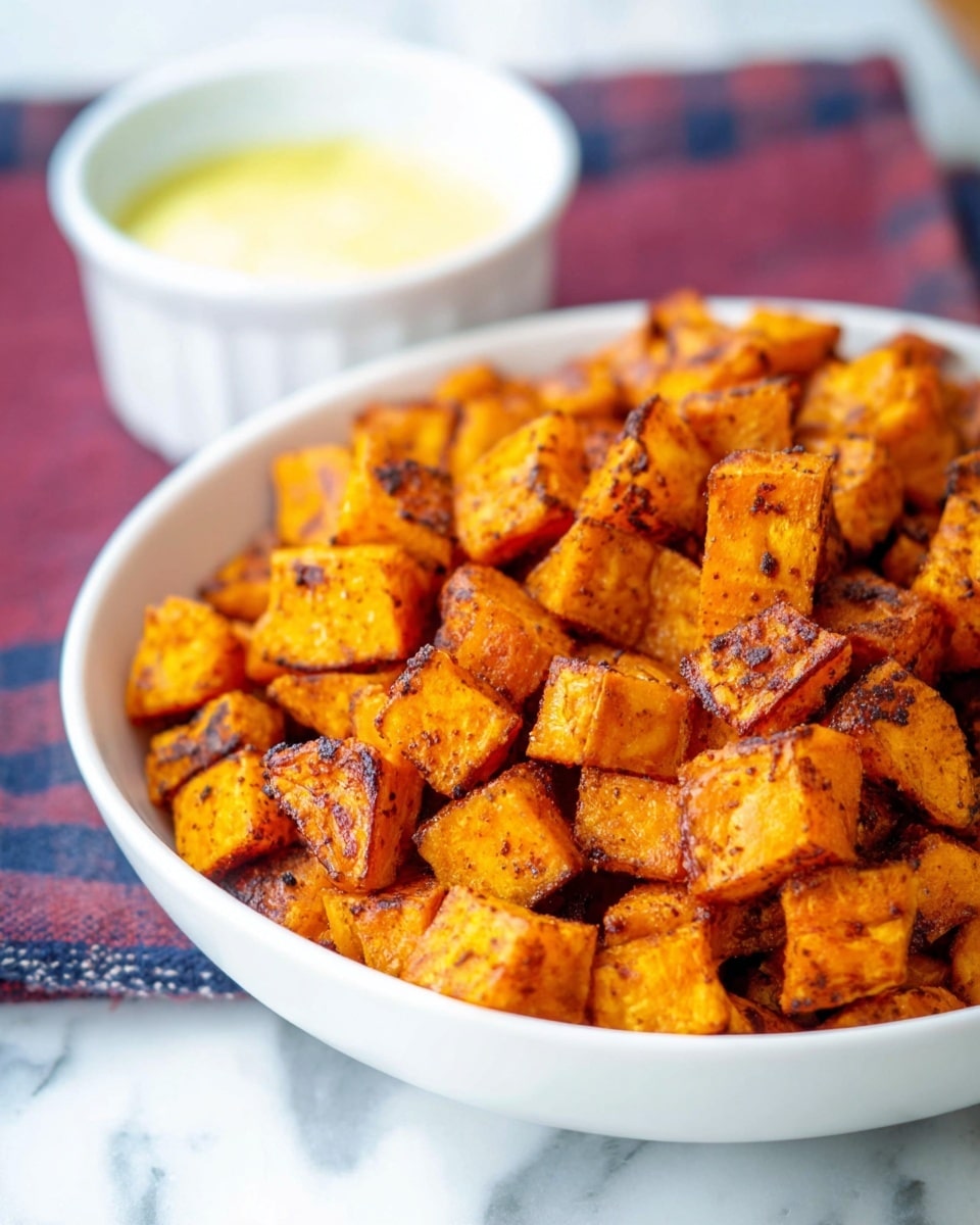 A white bowl filled with small, cubed roasted sweet potatoes that have a crispy texture and a rich orange color with some darker, charred edges; the bowl is placed on top of a colorful checkered cloth with shades of purple, red, orange, and green, all set on a white marbled surface. In the background, there is a small white bowl with a creamy yellow sauce. photo taken with an iphone --ar 4:5 --v 7