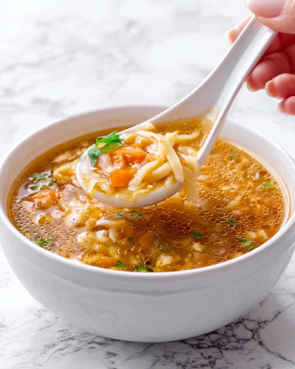 A white bowl filled with a warm, clear broth soup, showing soft, light yellow egg noodles floating throughout. Small orange carrot cubes, pale green celery pieces, and fresh bright green parsley leaves are mixed in, adding pops of color. On top, there is a generous layer of cooked light brown ground meat, slightly chunky in texture. The bowl sits on a dark gray cloth against a white marbled surface, with blurry fresh green celery stalks in the background. Photo taken with an iphone --ar 4:5 --v 7