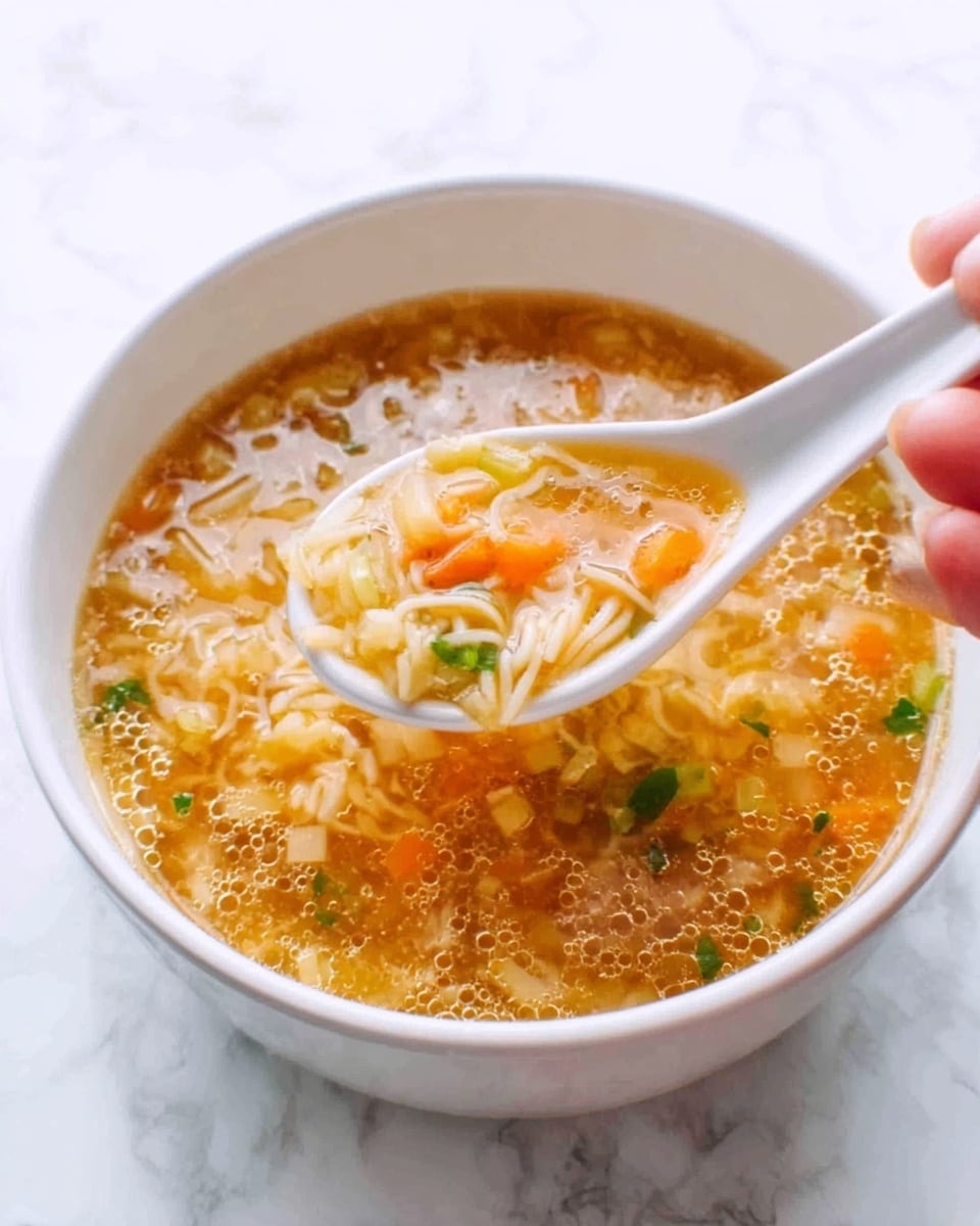 The image shows a white bowl filled with hot soup, with layers of golden-brown broth, light brown noodles, and small green vegetable pieces floating on top. A white spoon inside the bowl holds a mix of noodles, soup broth, and some tiny bits of vegetables. The background is a white marbled texture and a woman’s hand is visible holding the bowl gently. The soup looks warm and comforting, with a glossy surface on the broth. photo taken with an iphone --ar 4:5 --v 7