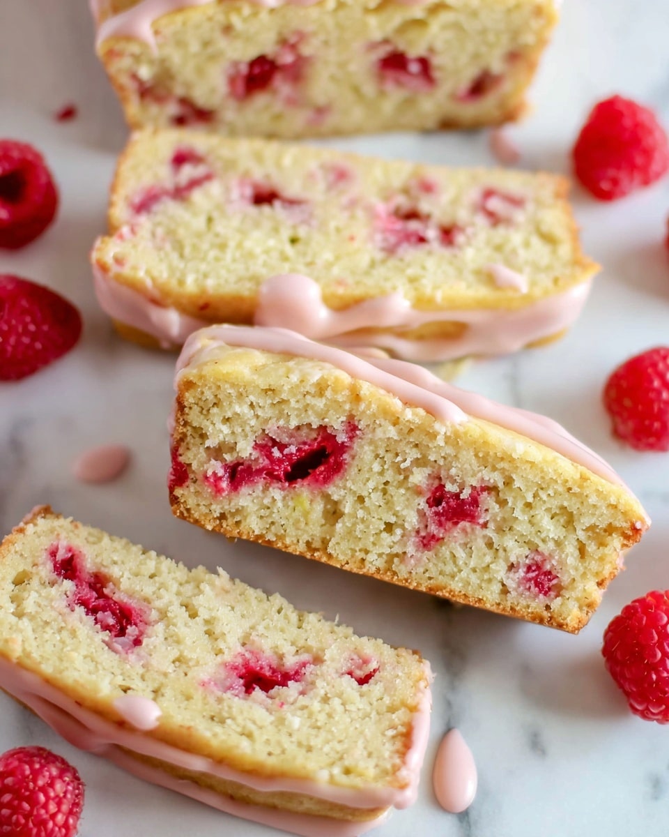 The image shows several square-shaped blondies with a light tan color, each topped with thin pink icing drizzled in diagonal stripes. Inside the blondies, small bits of red raspberries are visible, adding a speckled texture. They are arranged on a white marbled surface with a few whole, bright red raspberries scattered around for decoration. In the top left corner, there is a white bowl filled with fresh raspberries. The overall look is fresh and inviting, with a soft, moist texture emphasized by the glaze. Photo taken with an iphone --ar 4:5 --v 7