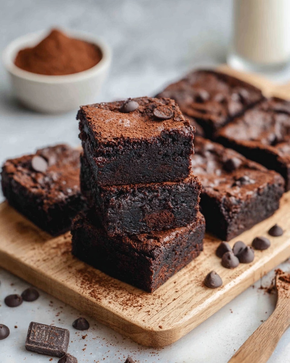 The image shows six thick, dark chocolate brownies arranged on a light wooden board. Each brownie has a cracked, slightly crispy top layer with a dense, moist interior that looks very rich and chocolatey. Some brownies are stacked in layers, showing two to three layers clearly. Dark chocolate chips and crumbs are scattered across the board and on top of the brownies, adding texture and depth. In the background, a white bowl filled with cocoa powder and a white bowl with milk are slightly out of focus, placed on a white marbled surface. Photo taken with an iphone --ar 4:5 --v 7