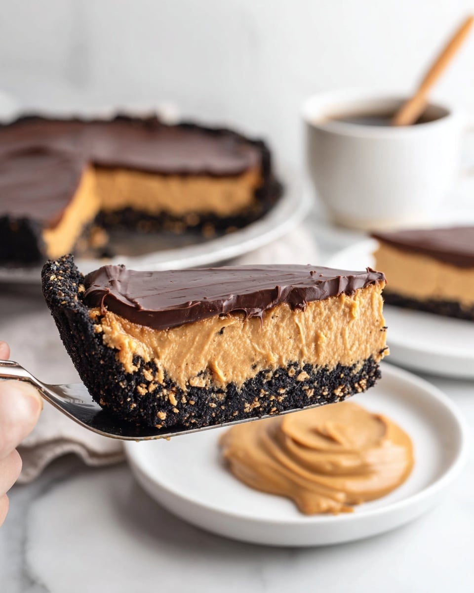A close-up of a slice of pie held by a woman's hand spatula showing three distinct layers: a thick, dark crumbly crust at the bottom that is black in color, a large tan, creamy and slightly textured middle peanut butter filling, and a smooth, glossy dark chocolate layer on top that is evenly spread and shiny. In the background, there is a white bowl with creamy peanut butter and a light wooden spatula sticking out, along with more pie slices on a white plate and a white cup filled with dark coffee, all set on a white marbled surface. photo taken with an iphone --ar 4:5 --v 7