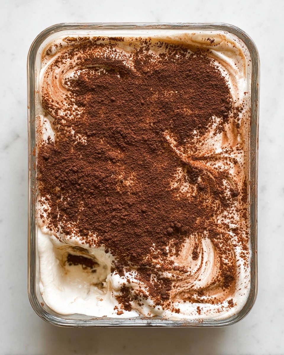 The image shows a clear square glass dish filled with a layered dessert. The bottom layer is a thick creamy mixture with visible small dark beads or seeds. The top layer is a smooth, dark brown cocoa powder dusted evenly across the surface. On the right side, a spoon is scooping out some of the dessert, showing a creamy white layer beneath the cocoa. The dish is placed on a white marbled surface with three shiny metallic bowls in the blurred background, giving a warm and inviting feel. Photo taken with an iphone --ar 4:5 --v 7