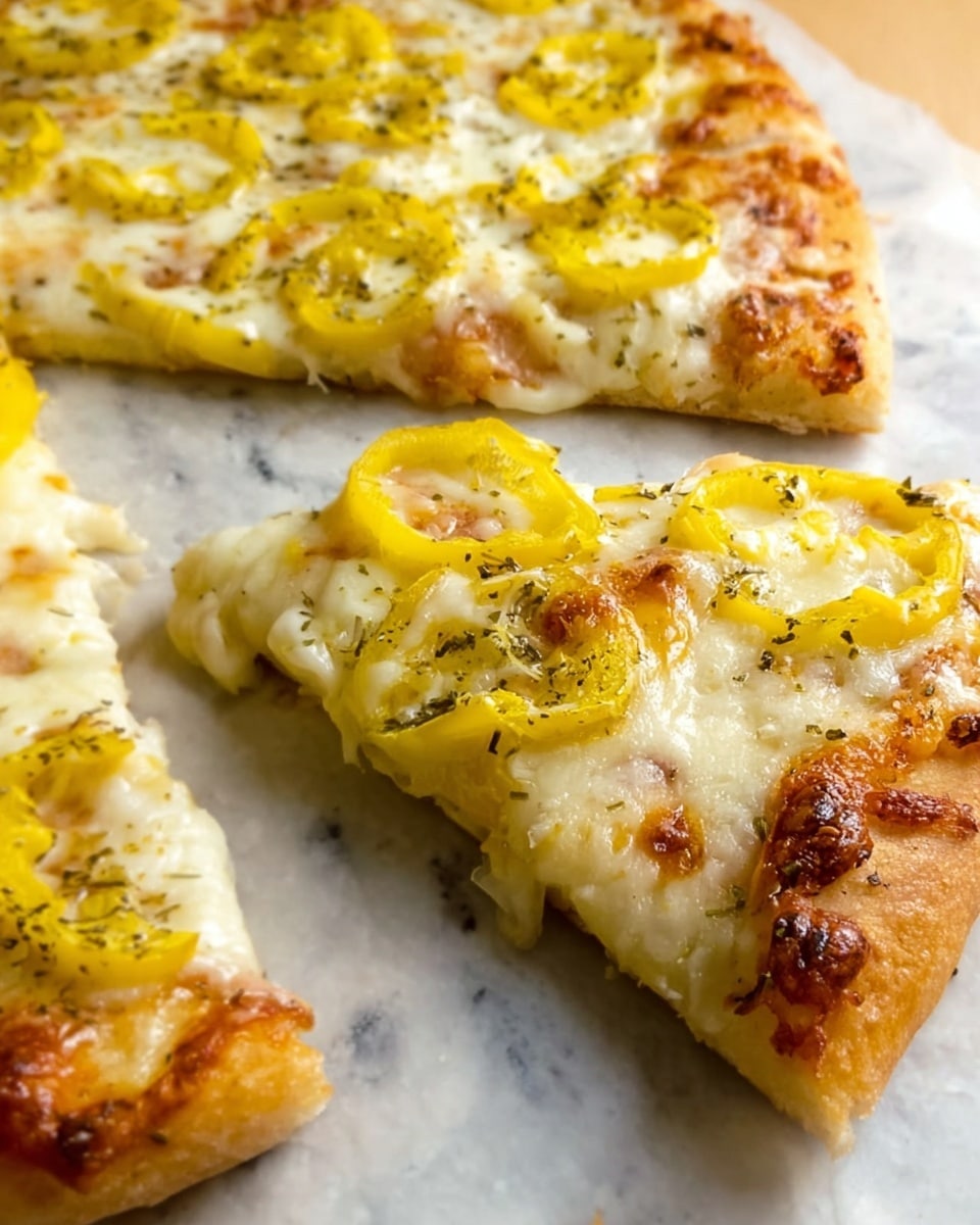 A close-up view of a pizza showing a thin, light tan crust as the base layer. On top of the crust is a layer of melted white and slightly browned cheese, with spots of red tomato sauce peeking through underneath. Scattered across the cheese are rings of yellow banana pepper slices, adding a bright contrast. The cheese surface has an uneven, gooey texture with some darker toasted spots and a sprinkle of green herbs all over. The pizza is placed on a white marbled textured surface. photo taken with an iphone --ar 4:5 --v 7