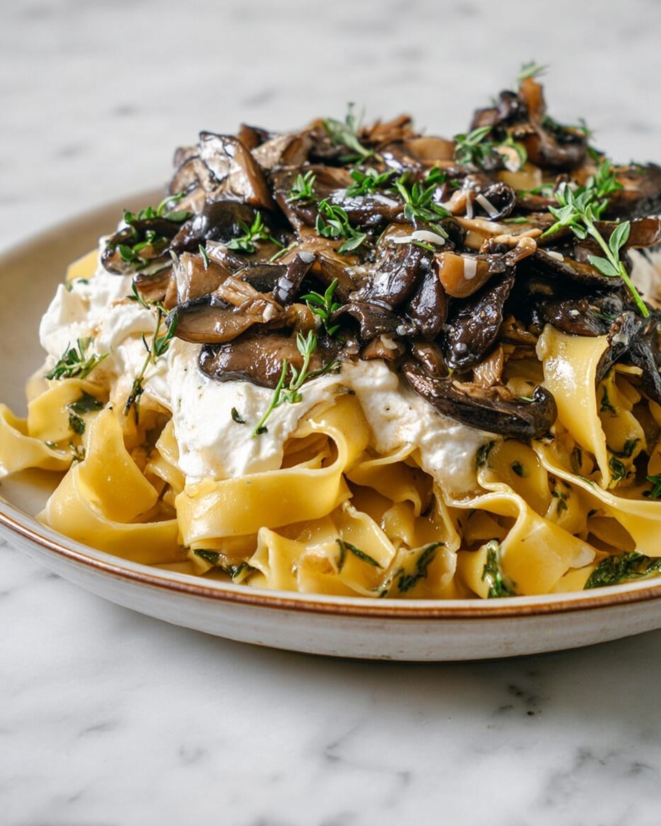 A close-up of a dish showing wide, flat noodles in a light yellow color forming the bottom layer, gently folded and mixed with small green herb pieces. On top, there is a creamy white layer of soft cheese, slightly melted. The dish is generously covered with thick, dark brown sautéed mushrooms that have a glossy texture. Sprigs of fresh green herbs are placed on top as garnish. The food is plated on a white plate with a visible rim, set against a white marbled surface. photo taken with an iphone --ar 4:5 --v 7