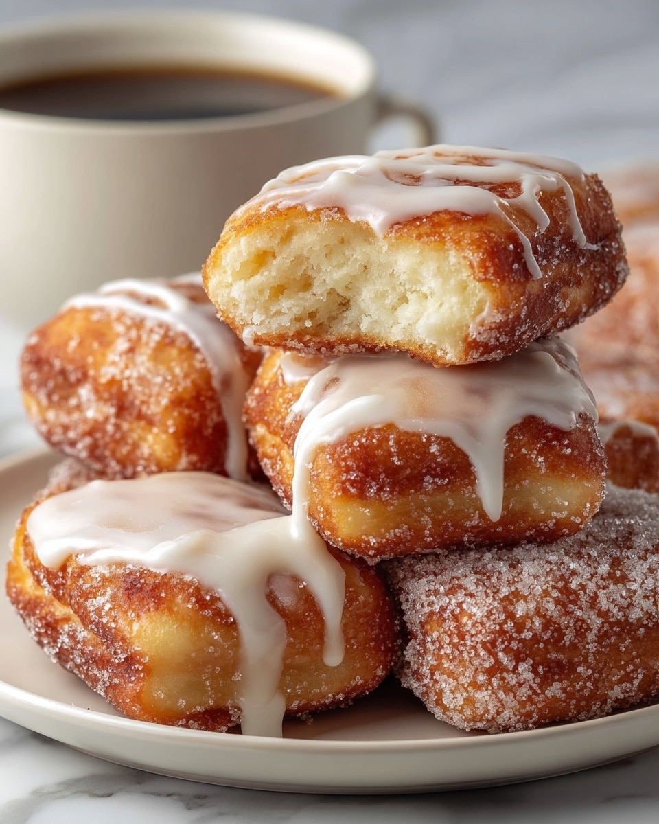 The image shows a close-up of several square-shaped doughnuts stacked on a white plate. The doughnuts have a golden-brown fried exterior with a soft, light yellow inside visible on the cut edges. Each doughnut is topped with a drizzle of white icing that flows smoothly over the surface, adding a glossy texture. One doughnut in the background is coated in a layer of granulated sugar, giving it a sparkling, slightly rough texture. A cup of dark coffee sits blurred in the background on a white marbled surface, complementing the warm tones of the doughnuts. photo taken with an iphone --ar 4:5 --v 7